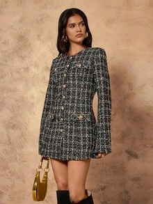 Chiquease Áo khoác nữ dáng ôm tay dài họa tiết kẻ caro, kiểu Pháp, thu/đông - màu đen - Xem 3