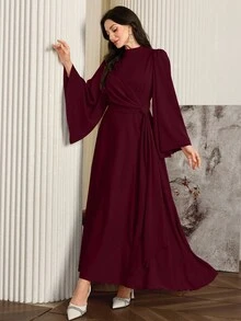 Modelyn Gaun Arab Lengan Lonceng Warna Polos Elegan untuk Wanita, Gaun Malam Panjang Musim Gugur - Merah - View 4
