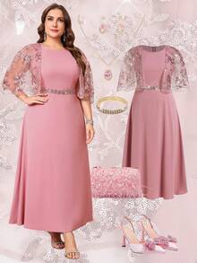 Ellevyn 大码女式圆领蕾丝拼接优雅长裙，夏季 - 粉色 - 查看 1