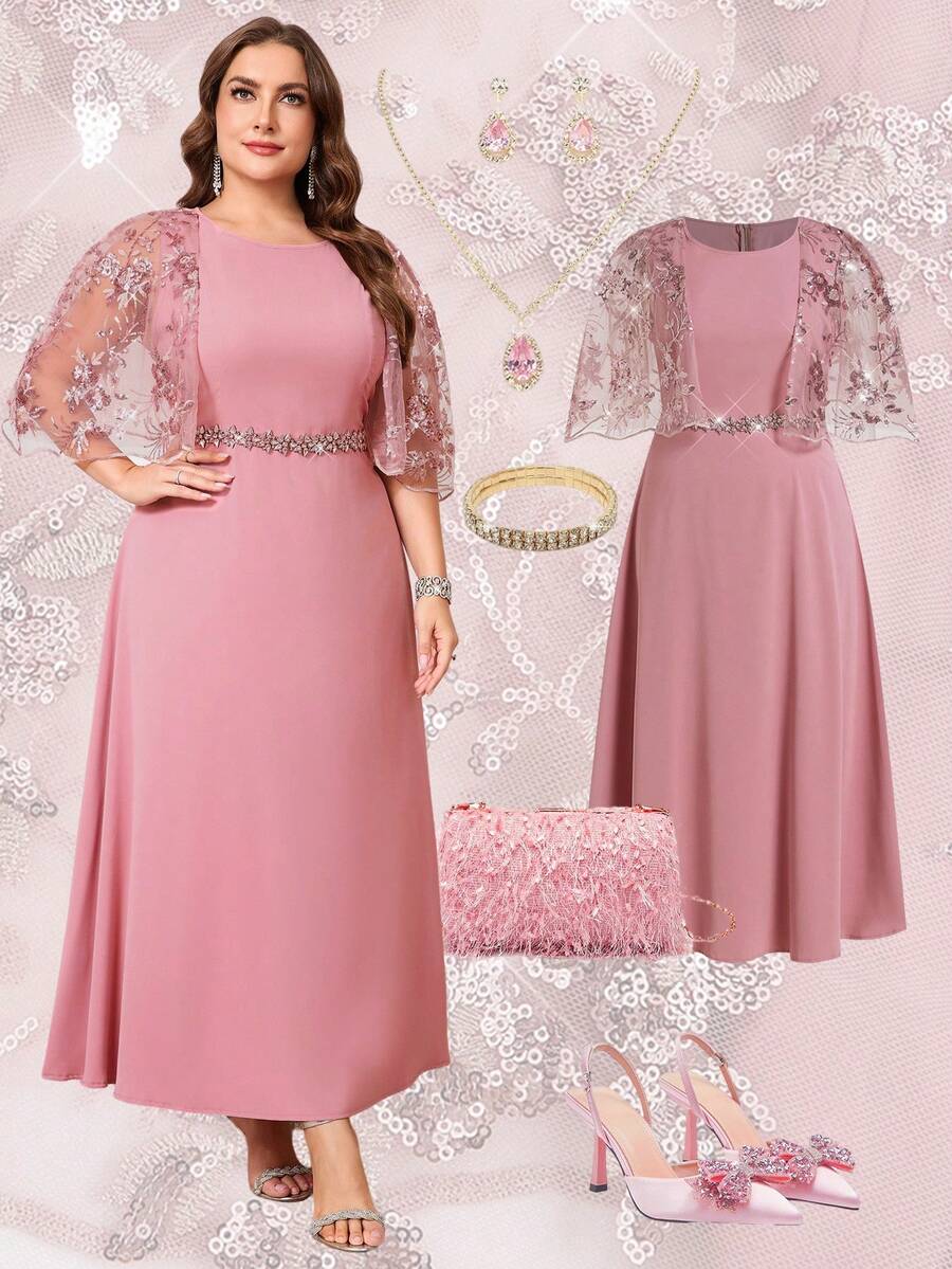 Ellevyn 大码女式圆领蕾丝拼接优雅长裙，夏季 - 粉色 - 查看 1