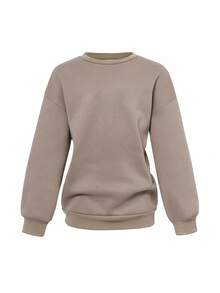 SHEIN 少女宽松休闲简约舒适圆领长袖运动衫和裤子套装，秋季服装 - 杏色 - 查看 13