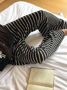 DAZY 女士宽松休闲条纹拼布直筒裤，适合秋季和春季 - 黑與白 - 查看 4