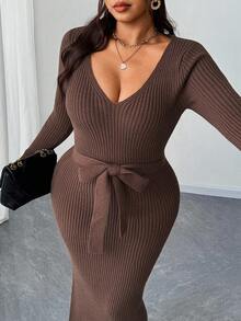 Elenzga Jersey de punto de manga larga con ajuste ceñido y acanalado, talla grande, para otoño/invierno - Marrón - Ver 6