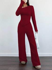 Flirla 女士不对称肩部毛绒T恤+高腰阔腿裤两件套，冬季休闲家居服 - 紅色 - 查看 5