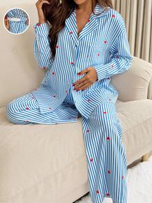 SHEIN 2pcs Maternity Striped Drop Shoulder Long Sleeve Loose Button Front Shirt And Pants Set,Maternity Pjs  ,Pajama Dress ,Loungewear,Nightgown,Sleepwear Set - Blue - View 3