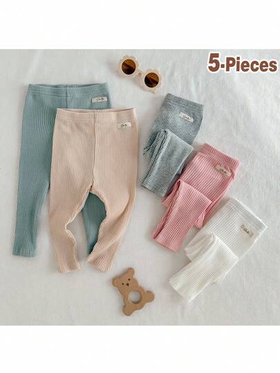 Loomiva 5pcs Baby Girls' Solid Color Soft Knitted Elastic Waist Pants Set