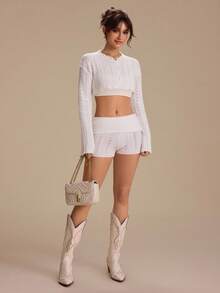 Glamine Charm Women's White Long Sleeve Cropped Exposed Waist Round Neck Button Elegant Knit Cardigan Sweater - White - View 4