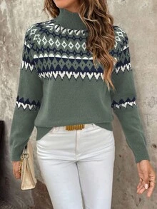 EMERY ROSE Women's Rhombus Pattern Turtleneck Raglan Sleeve Casual Sweater, Autumn/Winter - Multicolor - View 5