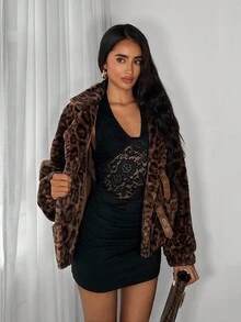 TRNVIE 1 pieza Chaqueta regular de mujer, cuello de piel de leopardo sintética marrón con cinturón, estilo retro tipo caja, para invierno - Marrón - Ver 8