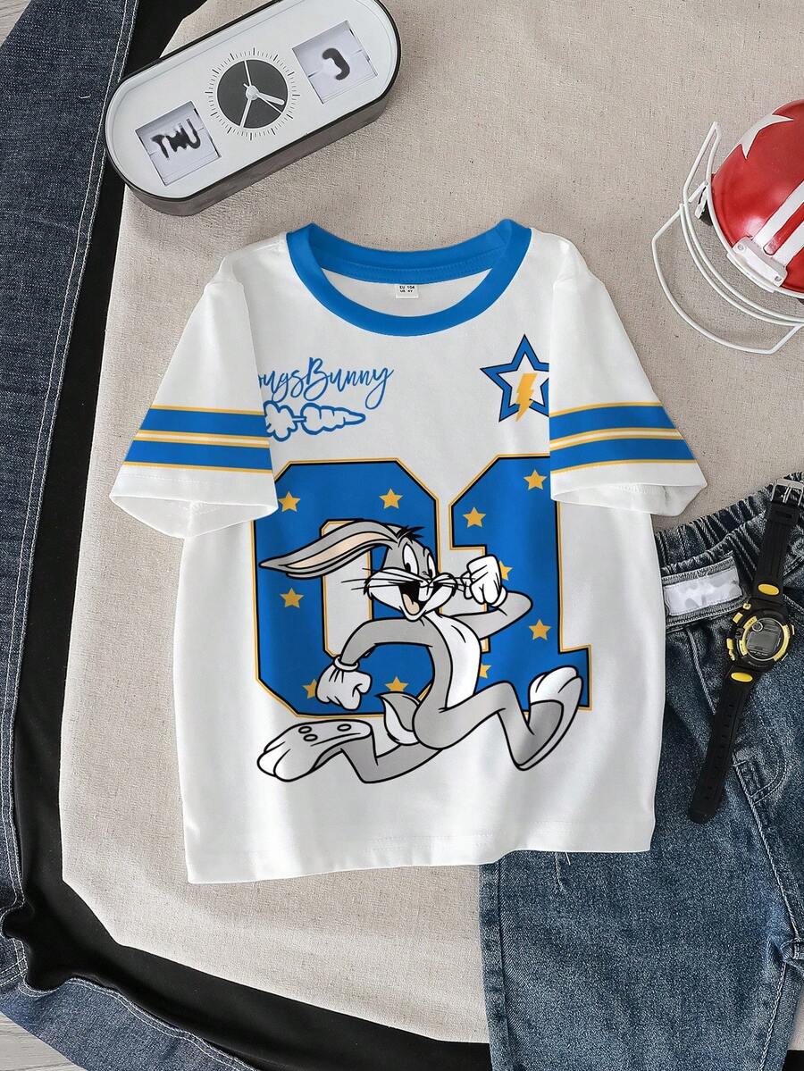 LOONEY TUNES X SHEIN 小男孩卡通条纹图案短袖T恤