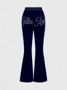 ROMWE J-Fashion 2 件套女式 Y2K 天鹅绒水钻拼布连帽衫上衣和裤子套装 - 藍色 - 查看 4