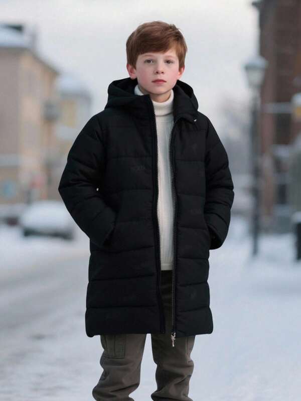 SHEIN Young Boy Casual Hooded Long Cotton Padded Jacket, Winter Fall
