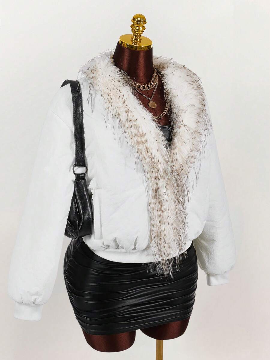 Y2K Amplova  Polka Dot Zip Up Leopard  Plus Size Women Fuzzy Patchwork Long Sleeve Loose Winter Jacket - Multicolor - View 1