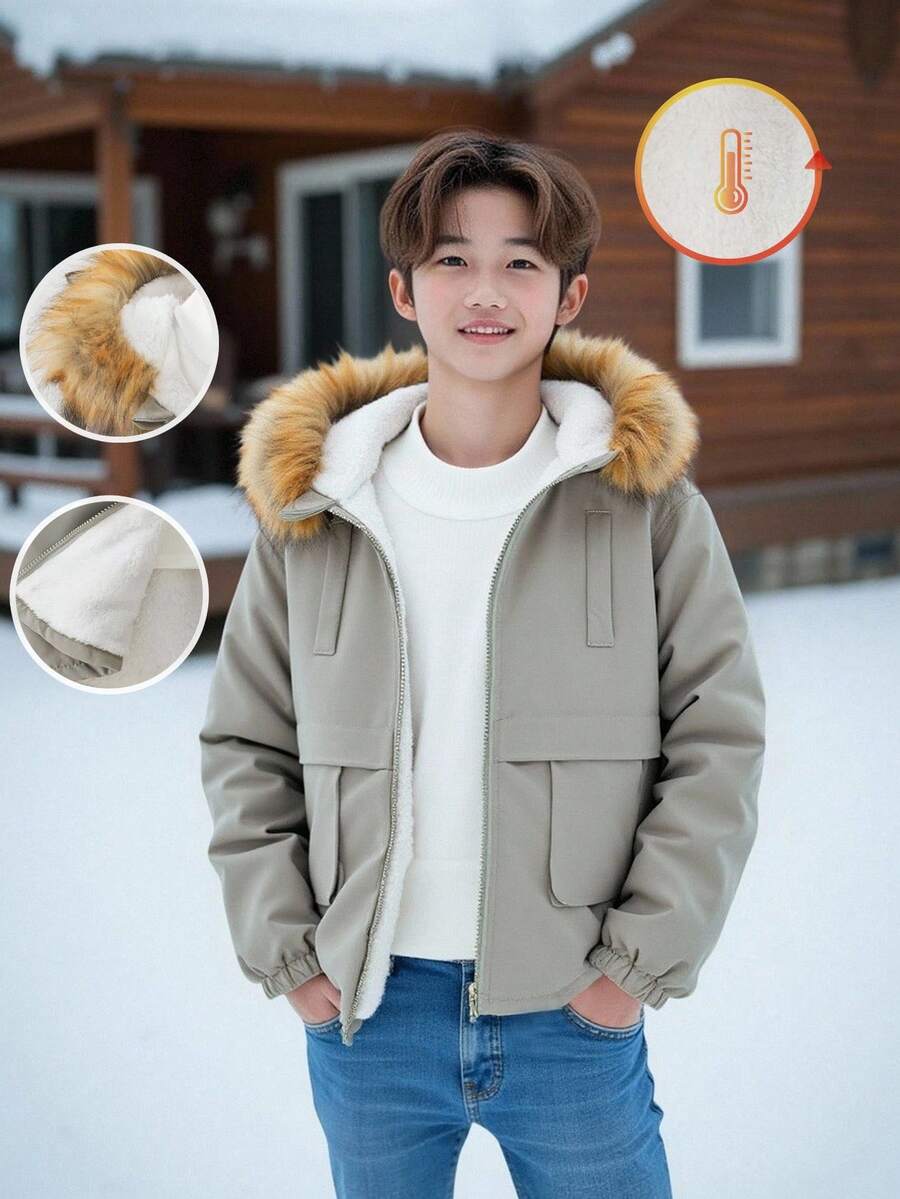 秋冬新款派克大衣外套，带帽和毛领，大口袋，宽松版型，加厚保暖内衬 - 灰色 - 查看 1