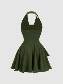 SHEIN MOD Váy ngắn bất đối xứng cổ điển thập niên 70 với chi tiết xếp nếp, cổ yếm, trang trí hạt cườm, viền bánh nhiều lớp và cổ áo xếp nếp - Lấy cảm hứng từ Y2K, hoàn hảo cho kỳ nghỉ trên đảo, tiệc tùng, hẹn hò, tiệc sinh nhật, tiệc trà chiều và lễ hội! - xanh quân đội - Xem 2