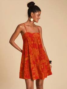 Travachic Plant Print Casual Vacation Slip Dress,Summer Beach Outfits, Christmas Party Clothes, New Year Look, Thanksgiving Outfits, Cute Dresses Party - Red - View 3