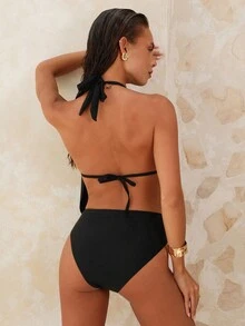 SHEIN Swim Chicsea Summer Beach Draped Halter Tankini Black Swimsuit - Black - View 2