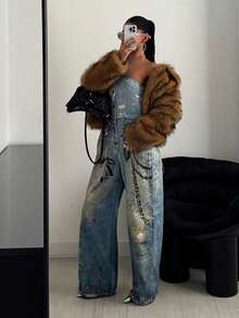 StreetHx 链条印花前开牛仔连体裤，街头风格 - 中等水洗藍 - 查看 4