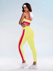 Eassivo Costum sport pentru femei, la modă, cu sutien și colanți, cu bretele subțiri, cu garnituri contrastante, de vară