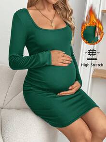 SHEIN 孕妇休闲纯色修身连衣裙，百搭秋冬装 - 墨綠色 - 查看 3