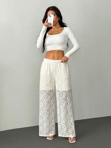 SHEIN PETITE 娇小女士花卉蕾丝弹力腰直筒优雅长裤，优雅女士，感恩节女士必备，蕾丝风格百搭高端休闲风 - 白色 - 查看 5