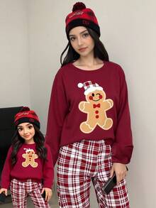 Dwuczęściowy świąteczny komplet piżamowy dla nastolatek, bluzka z nadrukiem pierników, z długim rękawem i okrągłym dekoltem oraz luźne spodnie w kratę, świąteczny strój w czerwoną kratę - Burgund - Zobacz 5