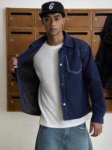 TOKVUE Young Men Contrast Color Stitching Navy Blue Jacket, Fall - Navy Blue - View 7