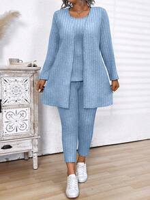 Conjunto casual de mujer talla grande con cárdigan de manga larga acanalado de unicolor, top de tirantes de cuello redondo y pantalones de unicolor - Azul - Ver 4