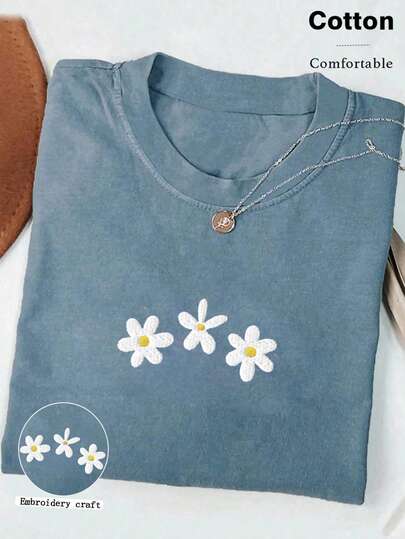 INAWLY 【舒适彩色雏菊衬衫 刺绣舒适彩色衬衫 刺绣碎花衬衫 雏菊T恤 复古春装衬衫】圆领女士刺绣图案T恤