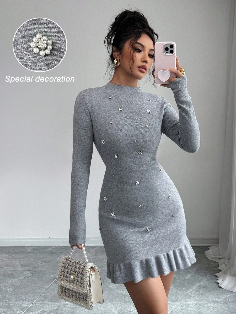 SHEIN Elenzya Autumn/Winter New Knitted Diamond Studded Stand Collar Long Sleeve Fitted Elegant Ruffle Hem Women Sweater Dress - Grey - View 1
