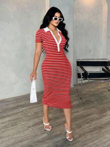 SHEIN SXY 女士休闲简约时尚通勤风格短袖黑白条纹 Polo 衫连衣裙、针织高弹修身中长连衣裙、法式优雅连衣裙条纹紧身连衣裙红白紧身连衣裙短袖条纹连衣裙红白条纹连衣裙女式紧身连衣裙 - 紅色 - 查看 4