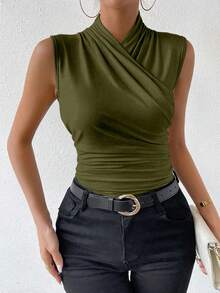 SHEIN Áo ba lỗ cổ bẻ màu trơn đơn giản cho nữ, mùa hè - xanh quân đội - Xem 5