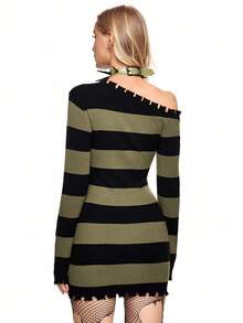 ROMWE Grunge Punk Long Ripped Red & Black Striped Pullover Sweater - Multicolor - View 5