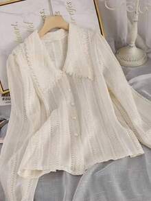 Franclia 全新时尚蕾丝甜美优雅彼得潘领女式长袖衬衫 - 杏色 - 查看 3