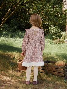 Vintaside Kids Girls' Pink Ditsy Floral Dress,Round Neck Long Sleeve Ruffled Fresh Casual Outfit For Birthday Photoshoot,Holiday,Autumn,Vacation & Daily Leisure - Brown - View 6