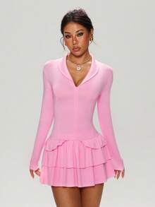 Dewbera Dewbera Women's Zipper Design Long Sleeve Cake Hem Sports Dress - Pink - View 3