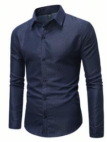 Manfinity Homme Áo sơ mi nam tay dài, in họa tiết toàn thân, đơn hàng khuy, thường ngày đi làm cỡ lớn - Màu xanh hải quân - Xem 6