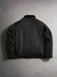 PAVTROS Men's Casual Turndown Collar Thermal Thermal Lined Black Long Sleeve Jacket With Small Logo Print, Retro Streetwear Style, Suitable For Autumn/Winter, Casual Black Jacket - Black - View 2