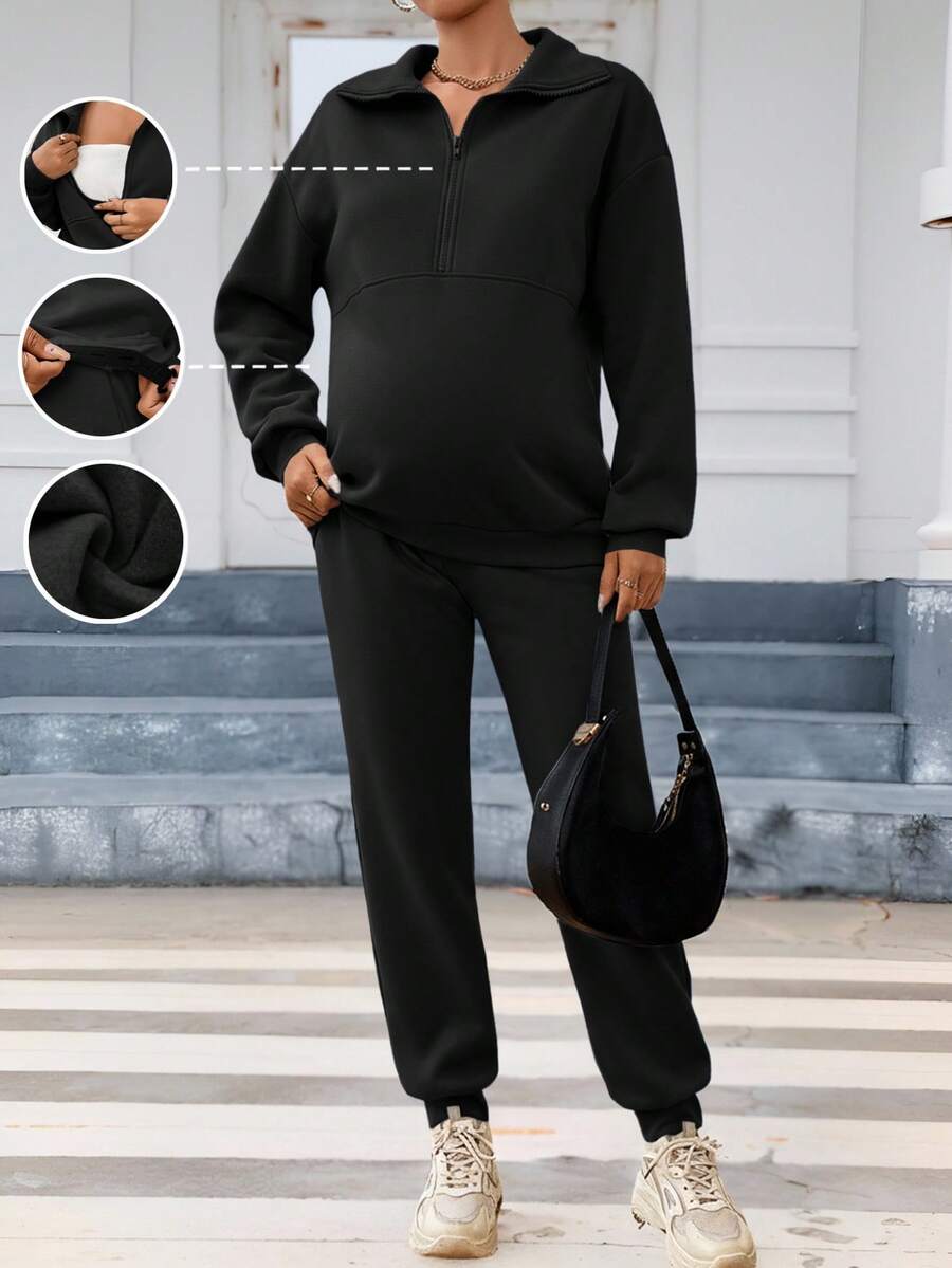 SHEIN 2 Stücke Umstandsmode Lässig einfarbiger Halb-Reißverschluss Stillpullover und Jogginghose Set, vielseitig für den täglichen Weg zur Arbeit - Schwarz - Übersicht 1