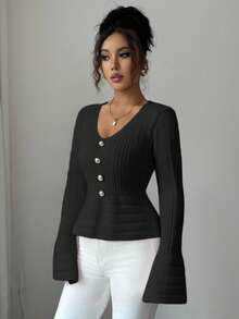 Elenzga Fashionable V-Neck Flare Sleeve Long Sleeve Women Sweater