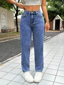 SHEIN PETITE 女士休闲修身锥形七分牛仔裤，蓝色低腰宽松牛仔裤，喇叭裤型女式牛仔裤，娇小款女式牛仔裤 - 中等水洗藍 - 查看 4