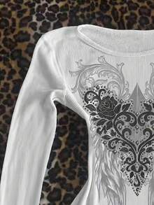 Glimmora 女式复古图案印花宽松长袖白色 T 恤，哥特式美学街头摇滚风格上衣 - 白色 - 查看 4