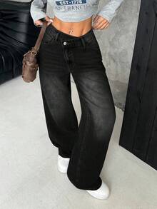 SHEIN PETITE CURVE 大码女式不对称腰部复古蓝色宽松直筒牛仔裤 - 黑色 - 查看 4