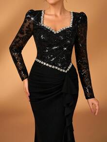 Serin Elegante y lujoso vestido de sirena con apliques florales de cuentas y lentejuelas, adecuado para bodas, fiestas, vacaciones, galas, despedidas de soltera, vestido de noche para la madre de la novia, Día de San Valentín - Negro - Ver 2