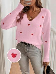 EMERY ROSE Women's Casual Loose V-Neck Drop Shoulder Long Sleeve Heart Pattern Sweater, Autumn/Winter - Baby Pink - View 1