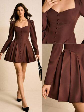 Poéselle Women's Solid Color Sweetheart Neckline Puff Sleeve Button Design Elegant Pleated Mini Dress In Deep Red Elegant Dresses,Dresses For Women Elegant