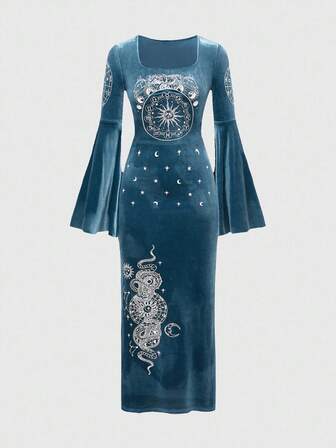 Hippie Abito in velluto con stampa luna e stelle, con spacco alto, per Ognissanti