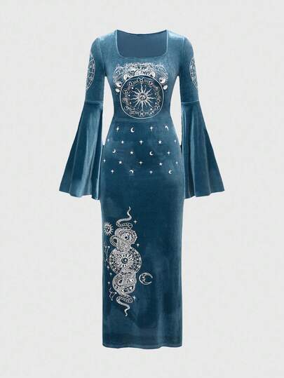 Hippie Halloween Moon & Star Velvet Print High Slit Dress