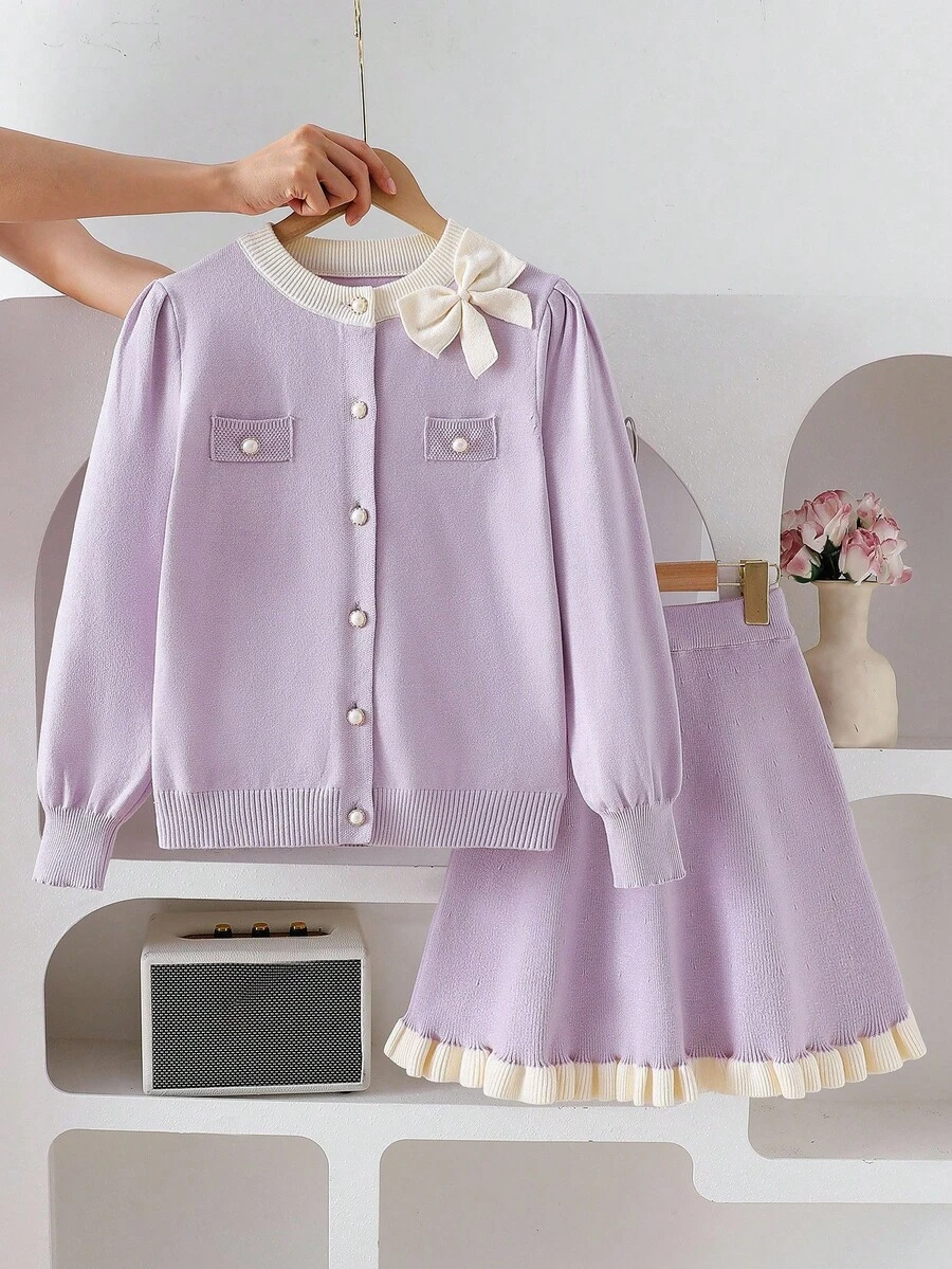SHEIN Genkimix Kids 青少年女孩毛衣套装,优雅的 3D 蝴蝶结荷叶边下摆毛衣套装,百搭开衫 + 迷你裙 2 件套,长袖针织毛衣套装适合秋冬季日常穿着、旅行、外出 - 紫色 - 查看 1