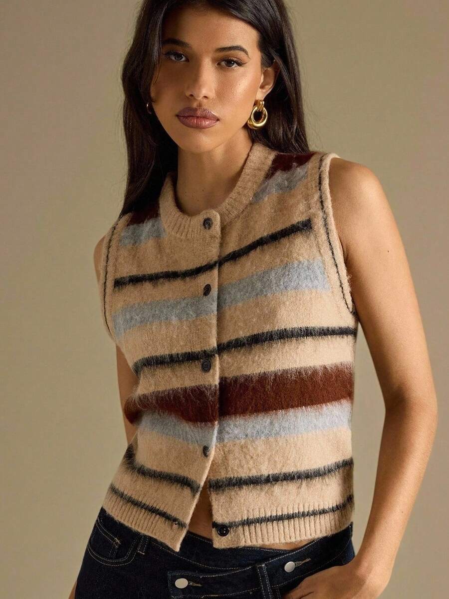 SHEIN BAE Women's Casual Striped Single-Breasted Knitted Vest,Fall Clothes For Women,Halloween,Winter Clothes For Women,Going Out Tops For Women,Back To School,Work Outfits For Women,Apricot Striped Vest Cardigan,Halloween,Halloween Clothes Women,Winter Clothes Women,Fall Sweaters,Fall Clothes For Women,Fall Fashion,Cropped Sweater,Cute Sweater,
